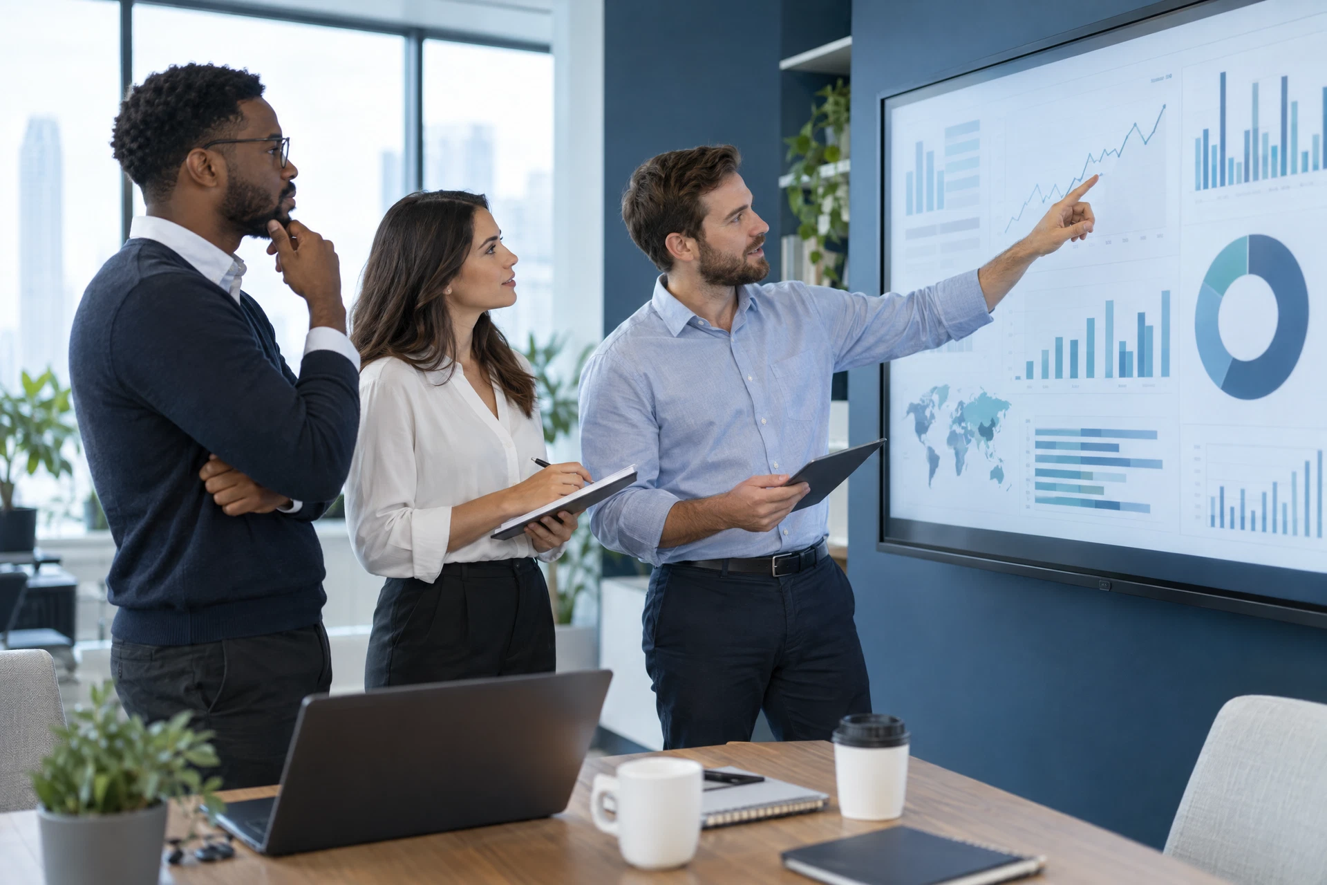 Restaurant operators reviewing brand-level survey reporting on a large screen