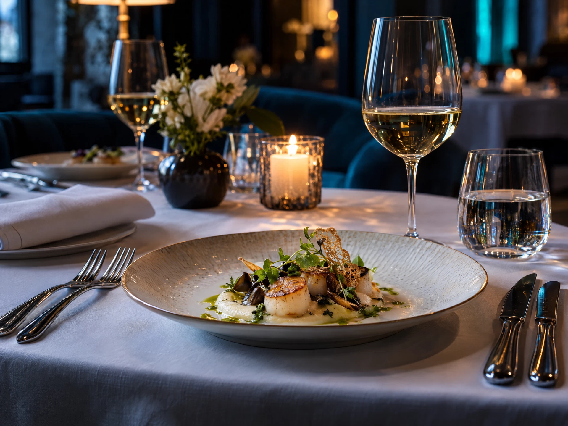 Fine dining table setting with white linen, plated dish and candlelight