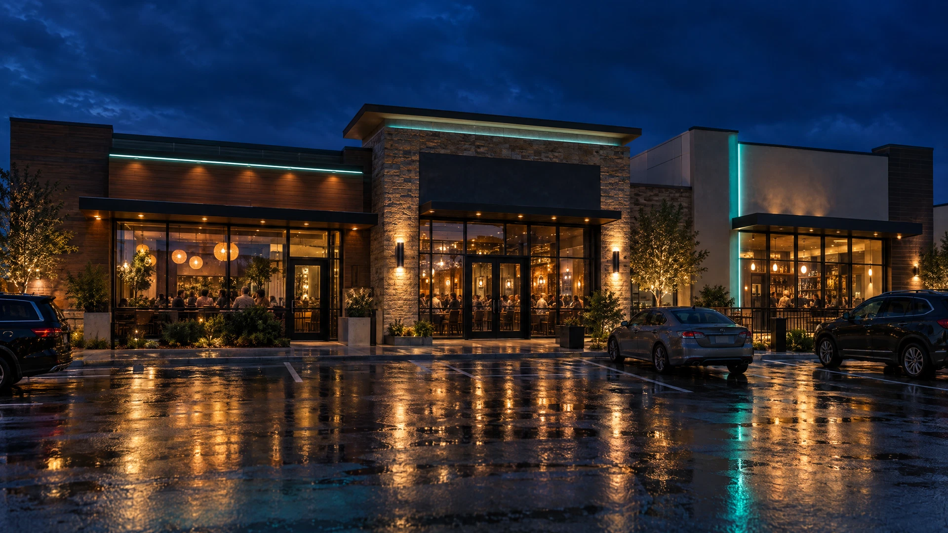 Row of restaurant storefronts lit at dusk