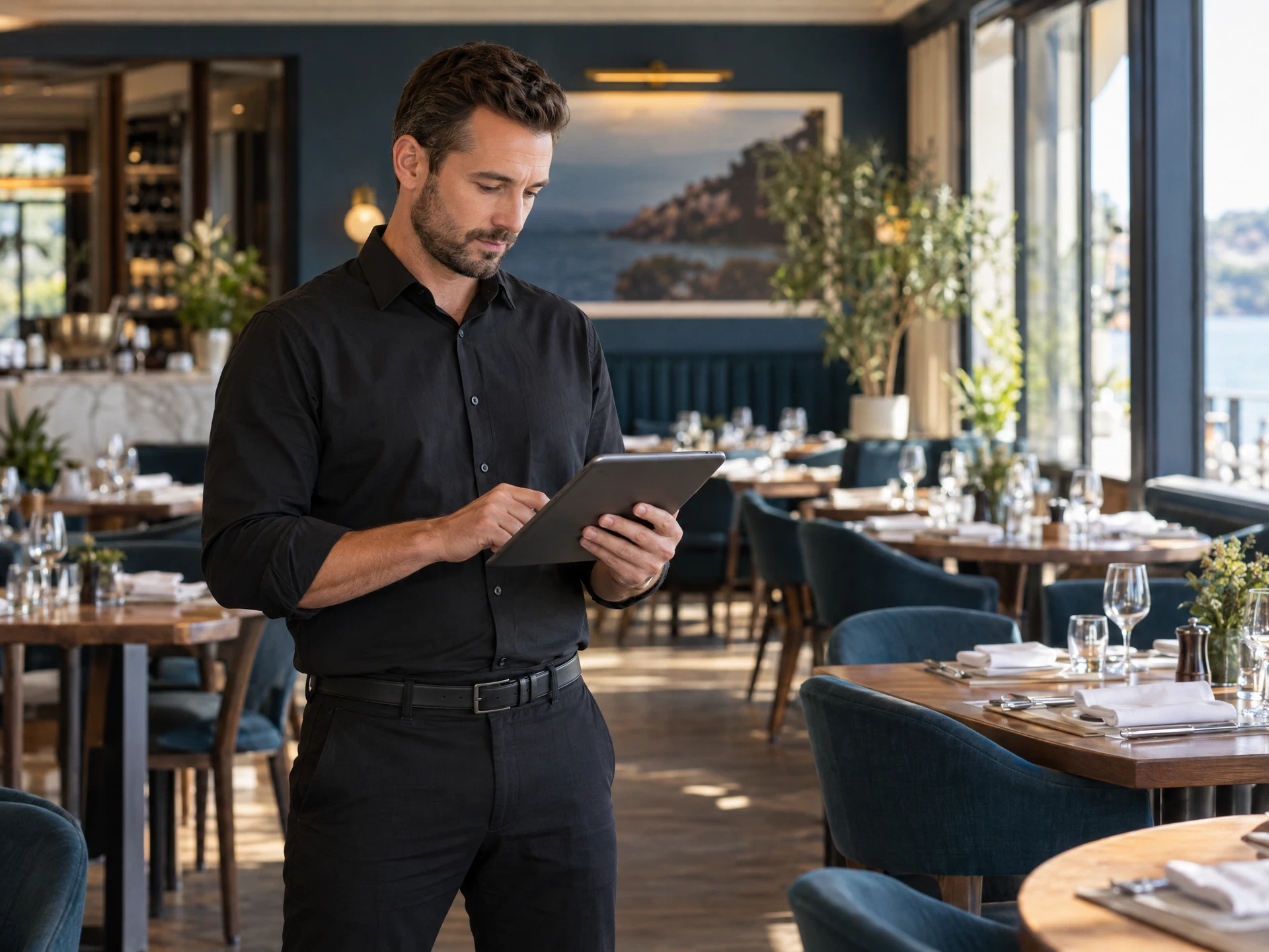 Restaurant manager reviewing results on a tablet in the dining room before service