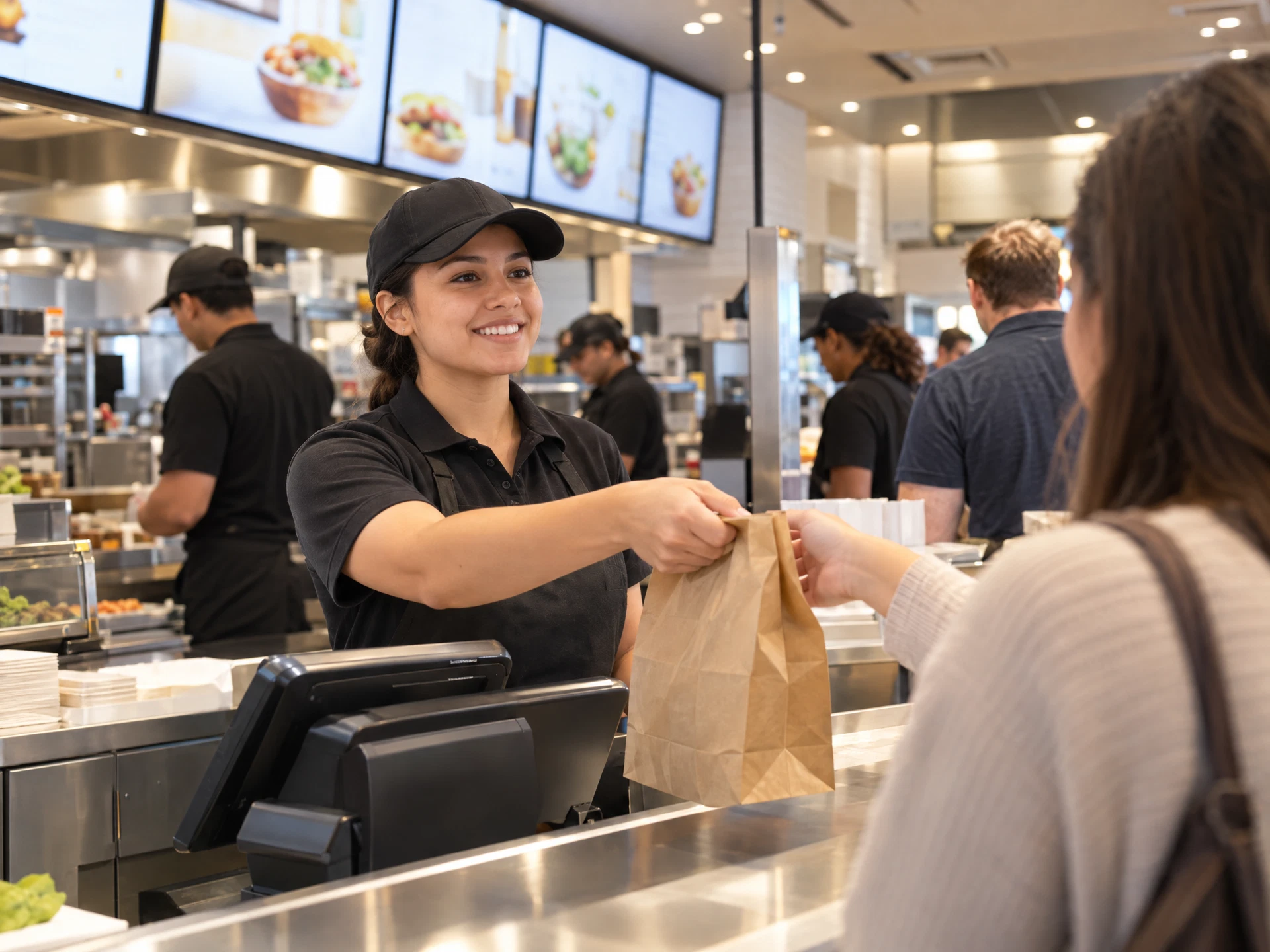 Crew member handing an order to a customer at a quick service counter