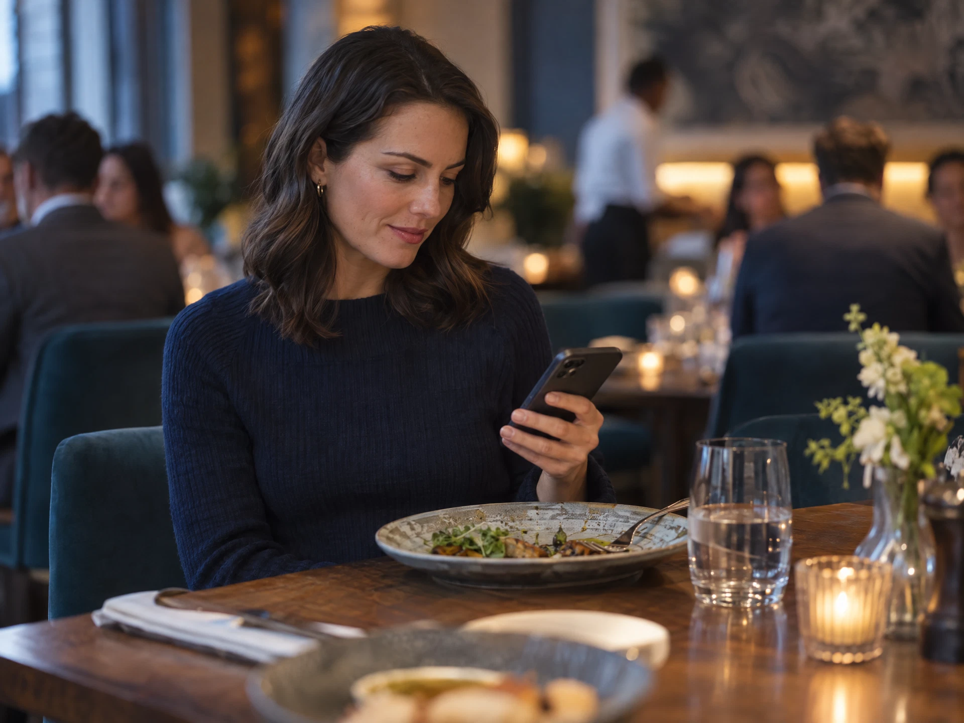 A guest quietly noting a detail on her phone at a restaurant table
